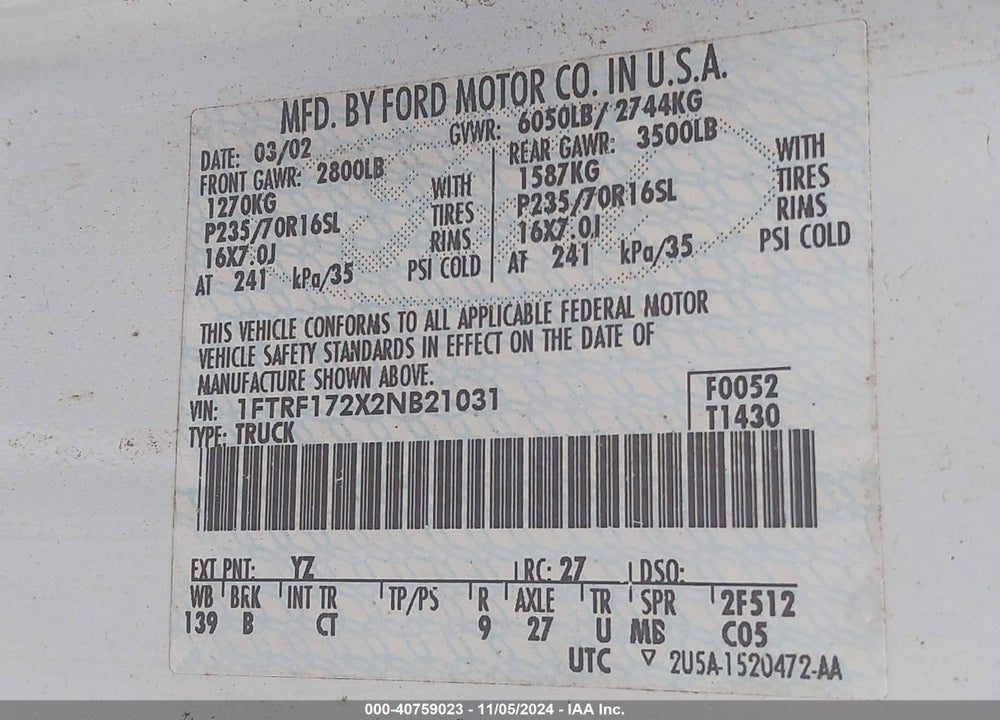 2002 FORD F-150 XL/XLT VIN: 1FTRF172X2NB21031