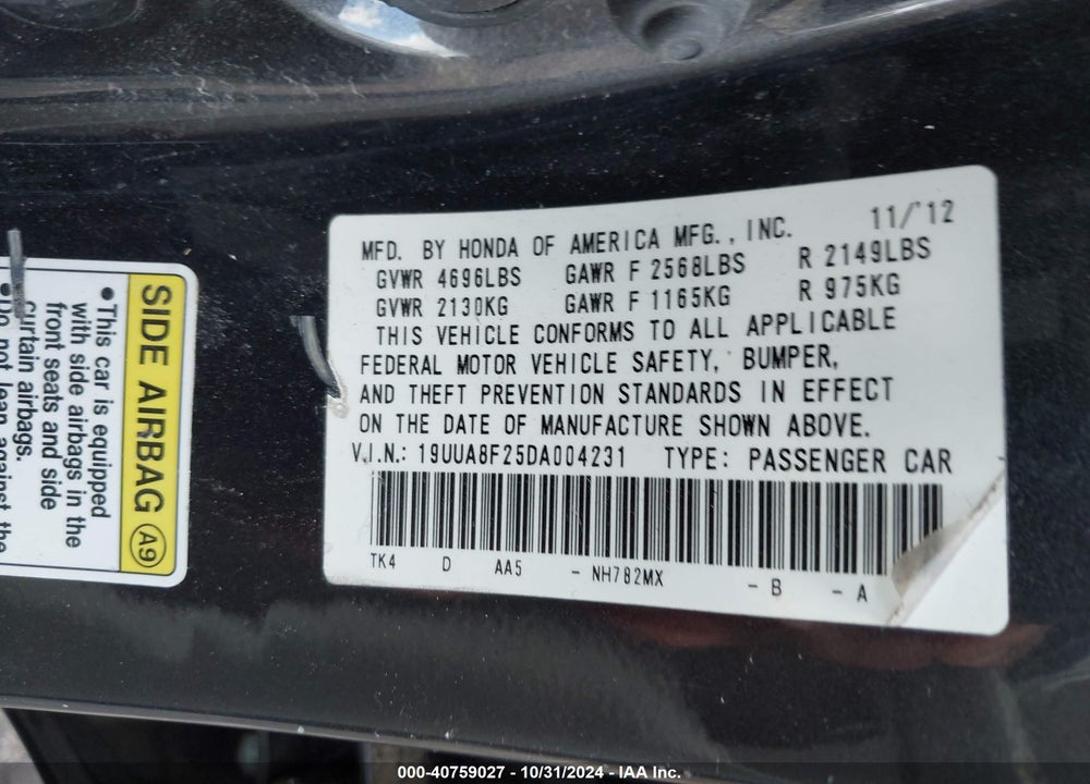 2013 ACURA TL 3.5 VIN: 19UUA8F25DA004231