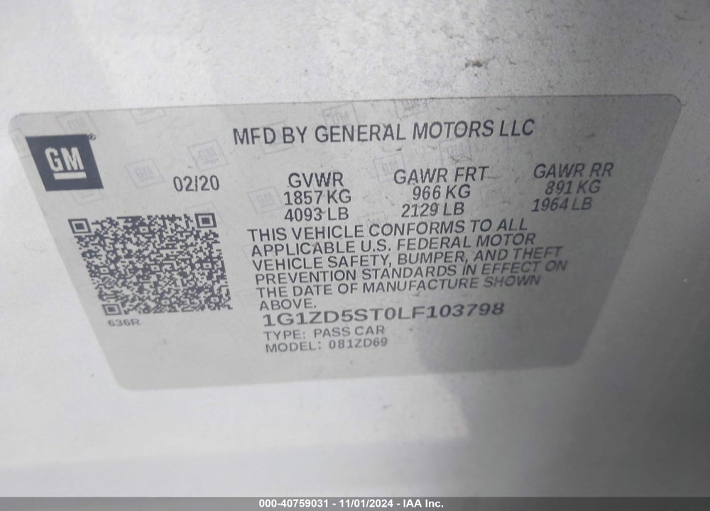 2020 CHEVROLET MALIBU FWD LT VIN: 1G1ZD5ST0LF103798