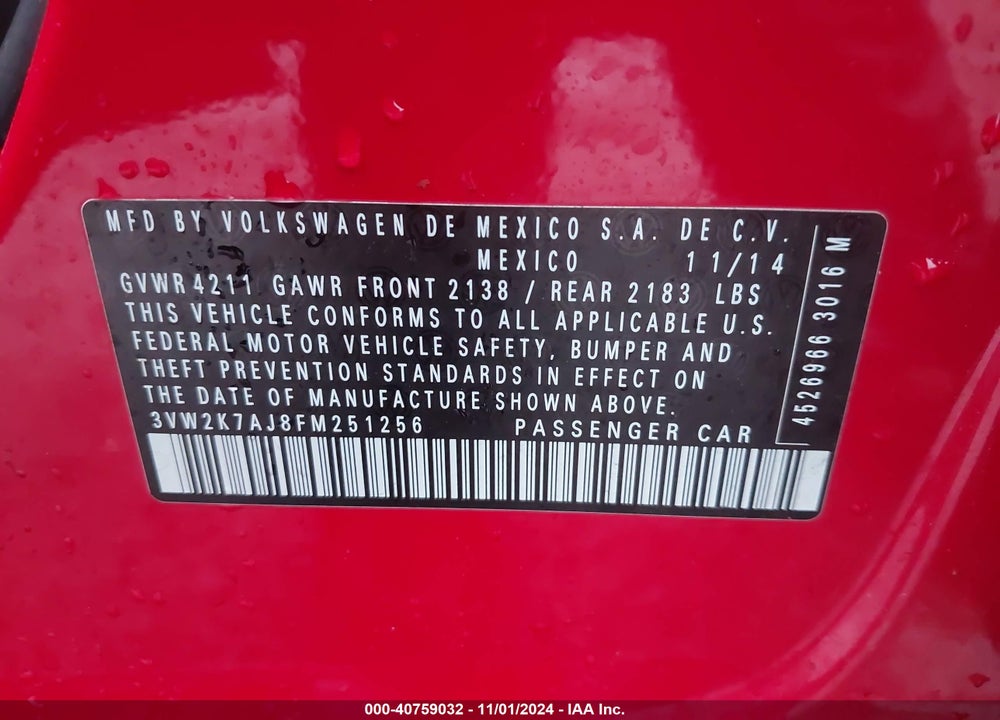 2015 VOLKSWAGEN JETTA 2.0L S VIN: 3VW2K7AJ8FM251256
