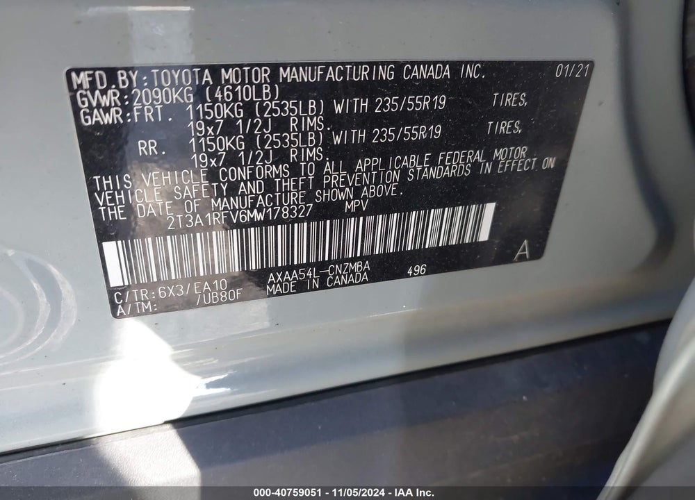 2021 TOYOTA RAV4 XLE PREMIUM VIN: 2T3A1RFV6MW178327