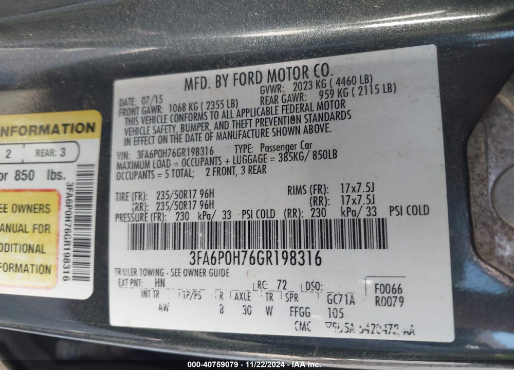 2016 FORD FUSION VIN: 3FA6P0H76GR198316