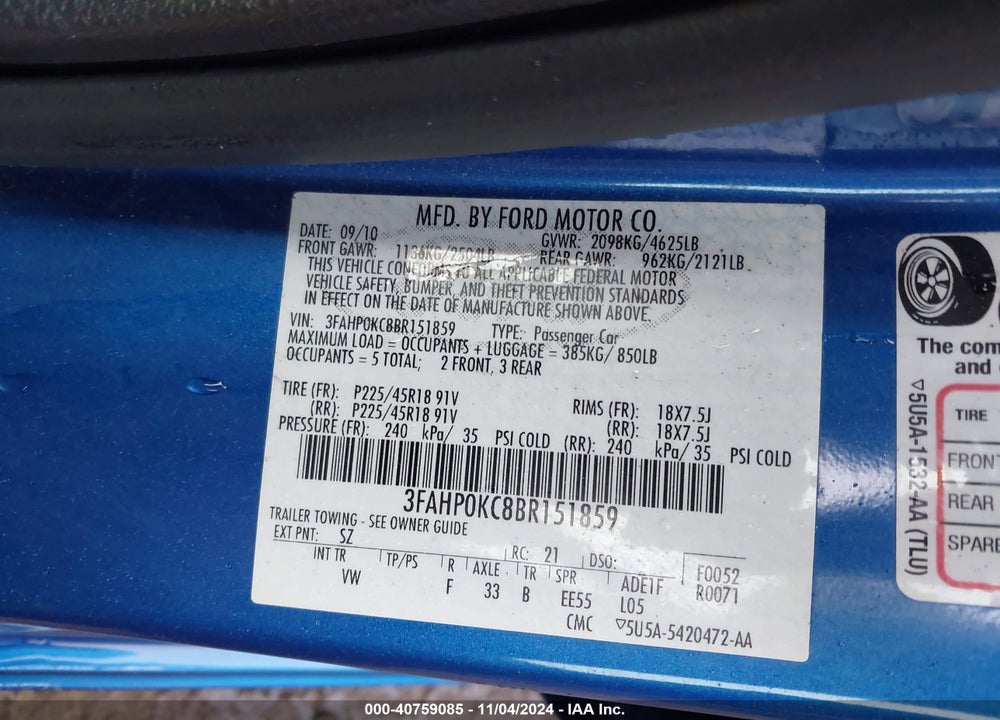 2011 FORD FUSION SPORT VIN: 3FAHP0KC8BR151859