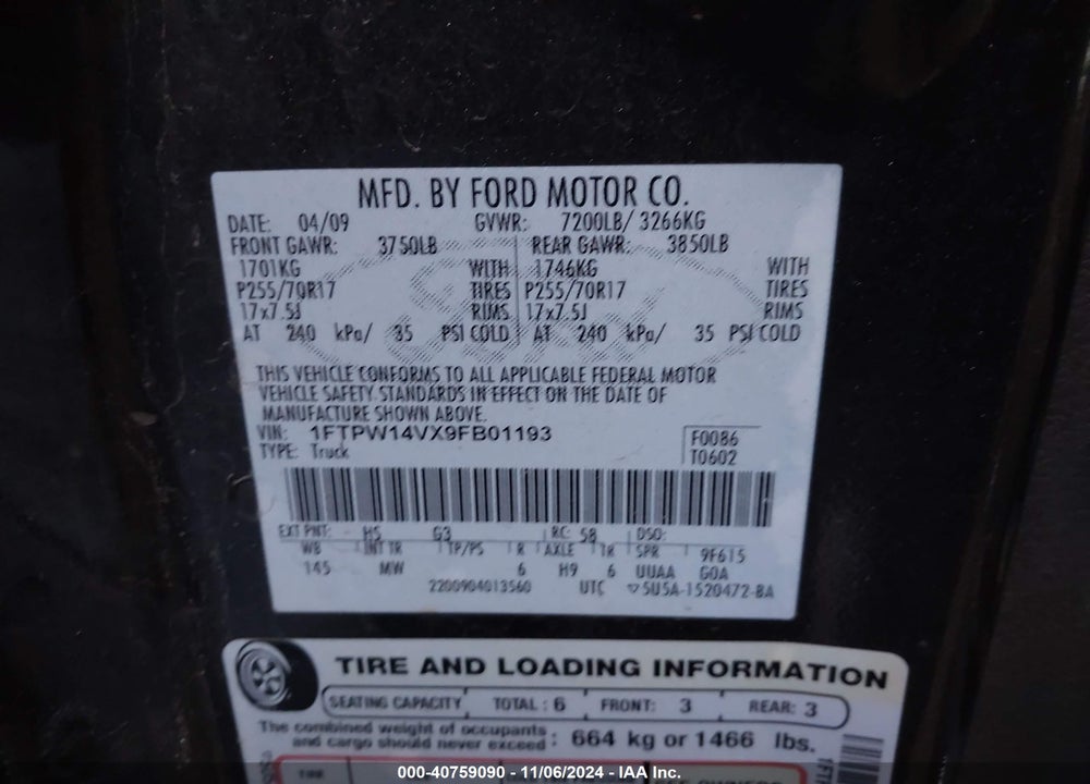2009 FORD F-150 FX4/KING RANCH/LARIAT/PLATINUM/XL/XLT VIN: 1FTPW14VX9FB01193