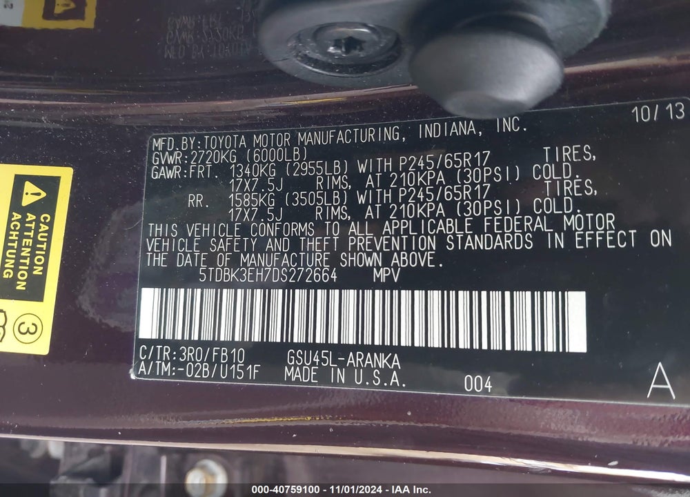 2013 TOYOTA HIGHLANDER BASE V6 (A5) VIN: 5TDBK3EH7DS272664
