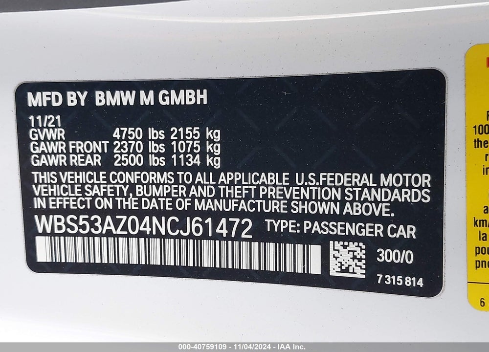 2022 BMW M4 VIN: WBS53AZ04NCJ61472