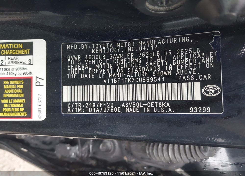 2012 TOYOTA CAMRY SE VIN: 4T1BF1FK7CU569541