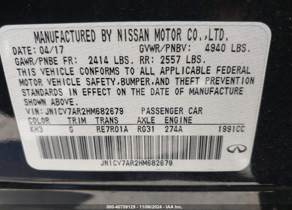 2017 INFINITI Q50 2.0T PREMIUM VIN: JN1CV7AR2HM682679