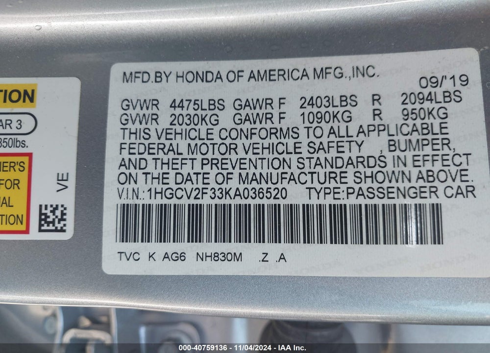 2019 HONDA ACCORD SPORT 2.0T VIN: 1HGCV2F33KA036520