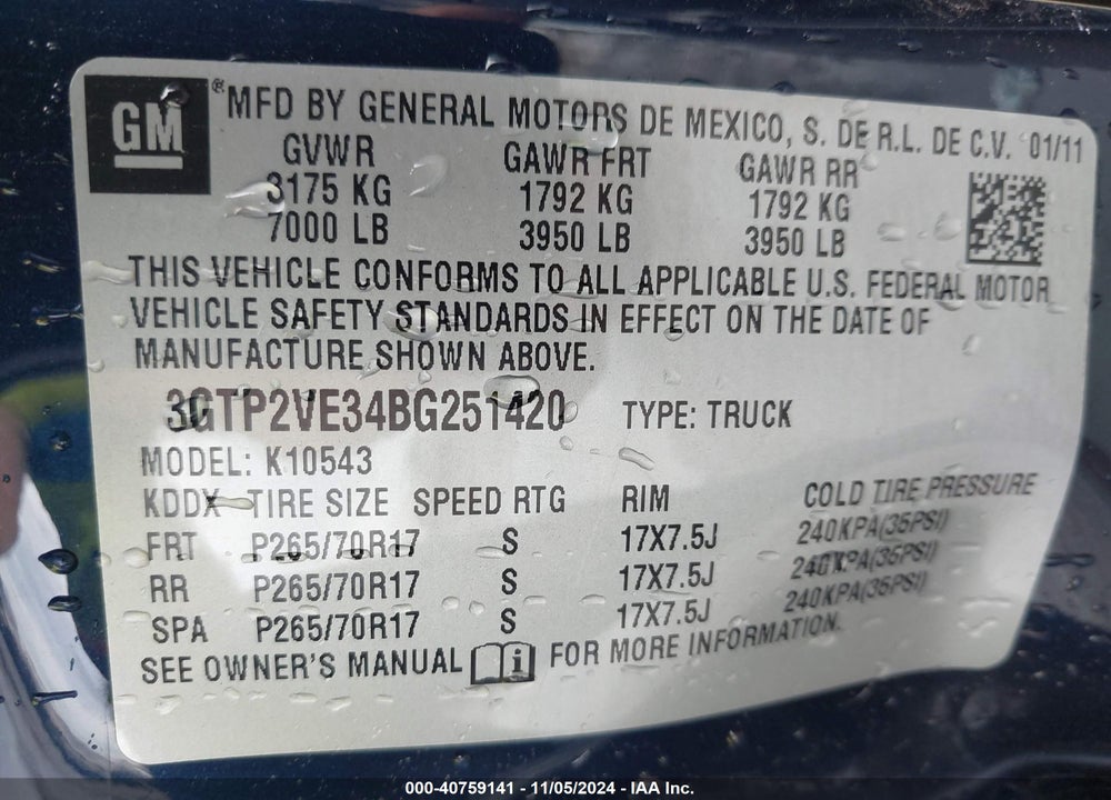 2011 GMC SIERRA K1500 SLE VIN: 3GTP2VE34BG251420