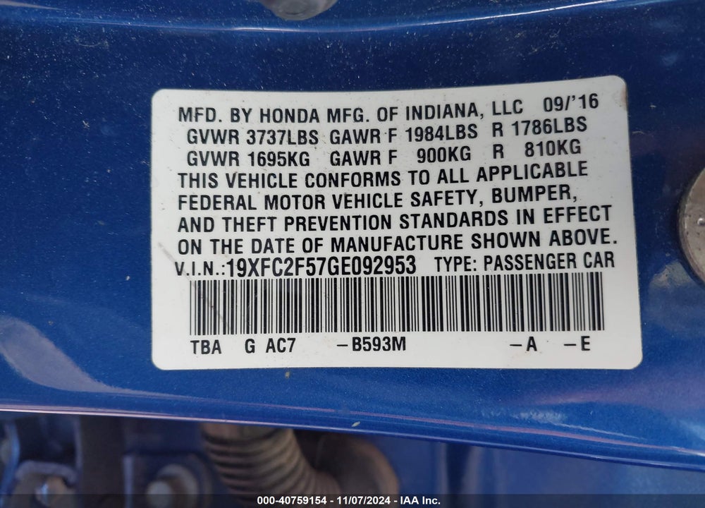 2016 HONDA CIVIC LX VIN: 19XFC2F57GE092953
