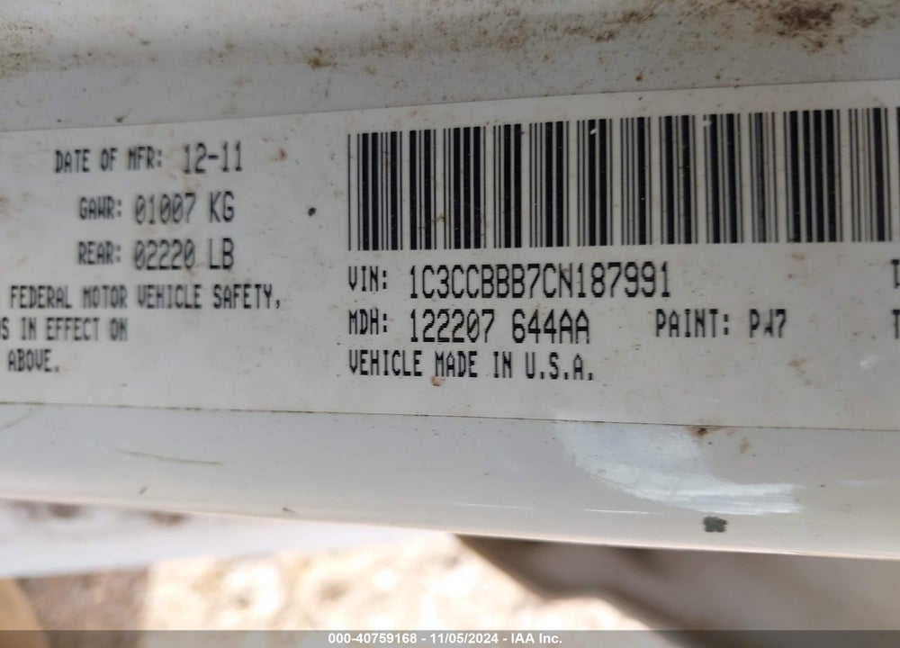 2012 CHRYSLER 200 TOURING VIN: 1C3CCBBB7CN187991
