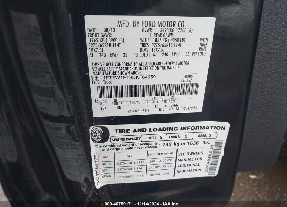 2013 FORD F-150 FX4 VIN: 1FTFW1ET9DKF64659