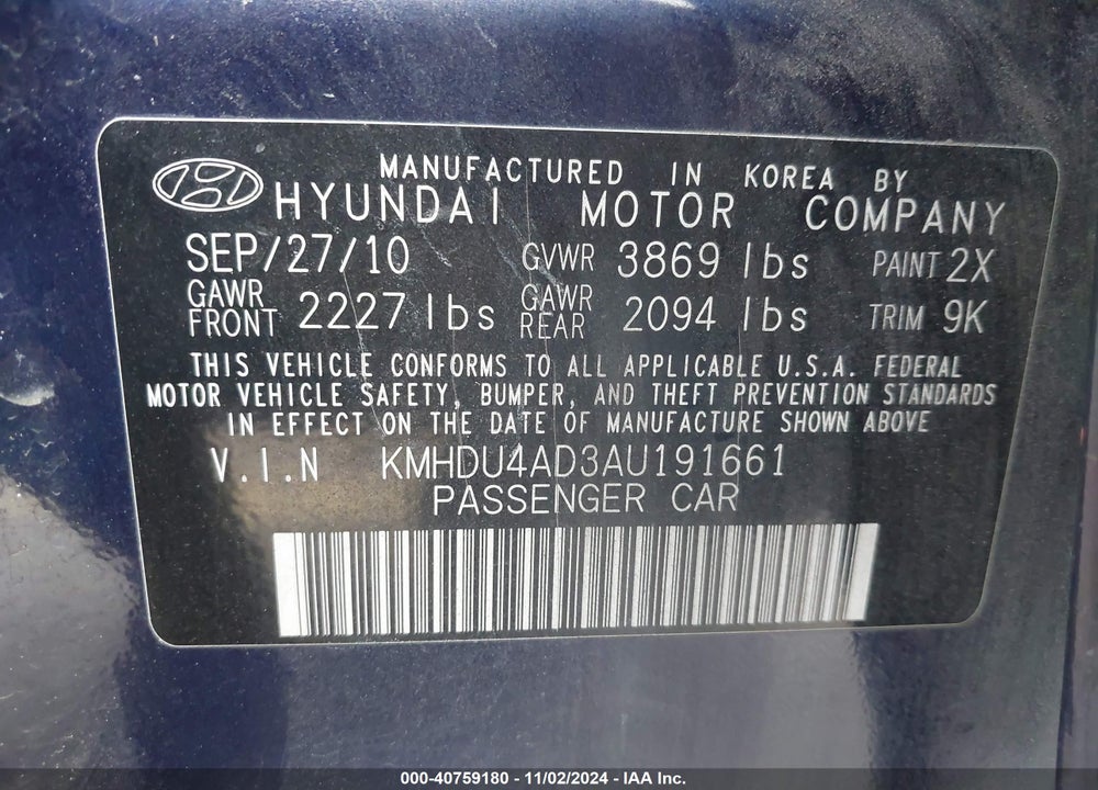 2010 HYUNDAI ELANTRA GLS VIN: KMHDU4AD3AU191661