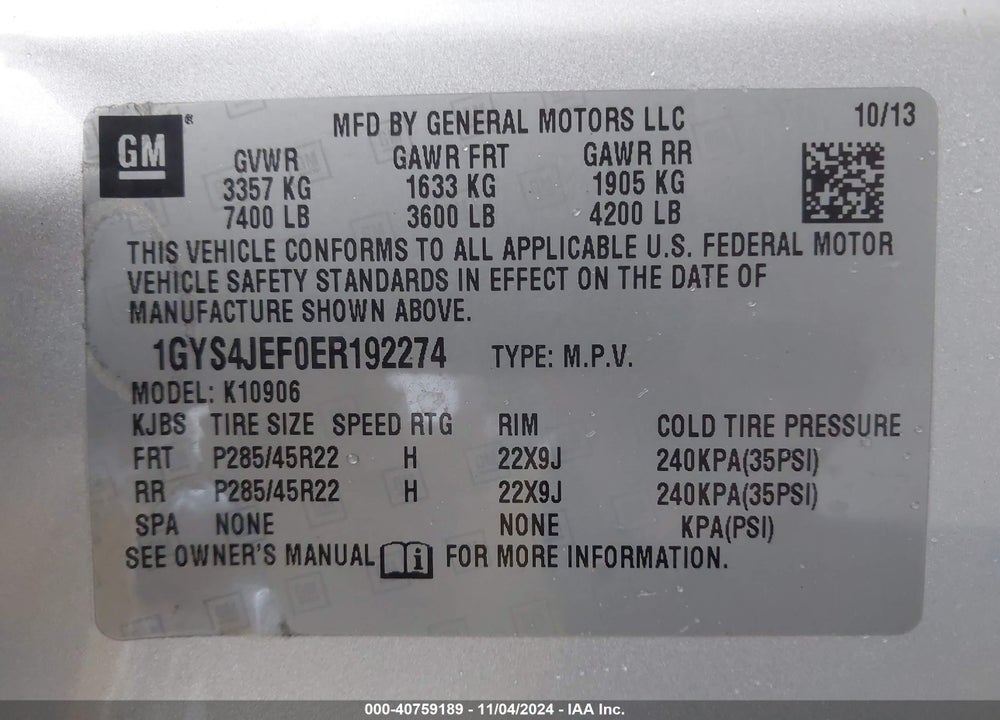 2014 CADILLAC ESCALADE ESV PREMIUM VIN: 1GYS4JEF0ER192274