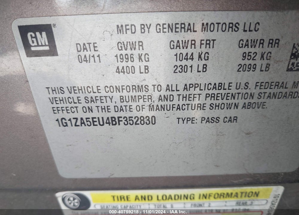 2011 CHEVROLET MALIBU LS VIN: 1G1ZA5EU4BF352830