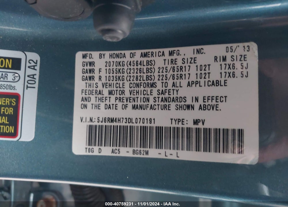 2013 HONDA CR-V EX-L VIN: 5J6RM4H73DL070191