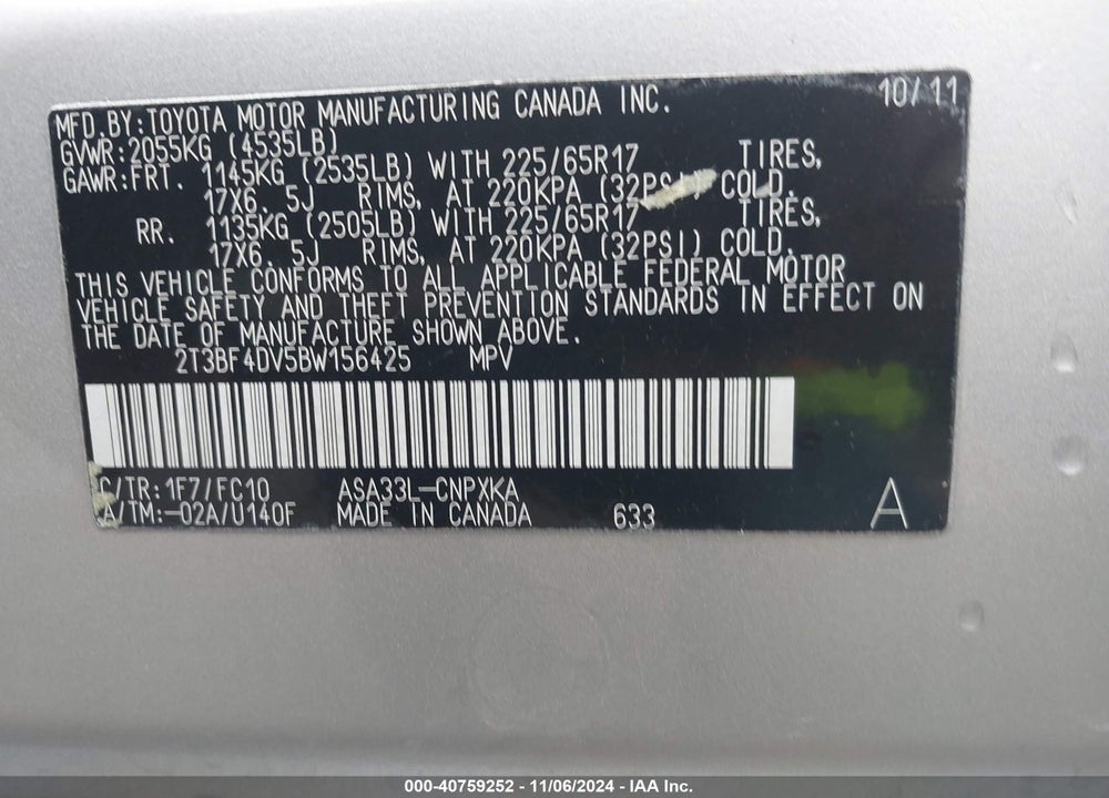 2011 TOYOTA RAV4 VIN: 2T3BF4DV5BW156425