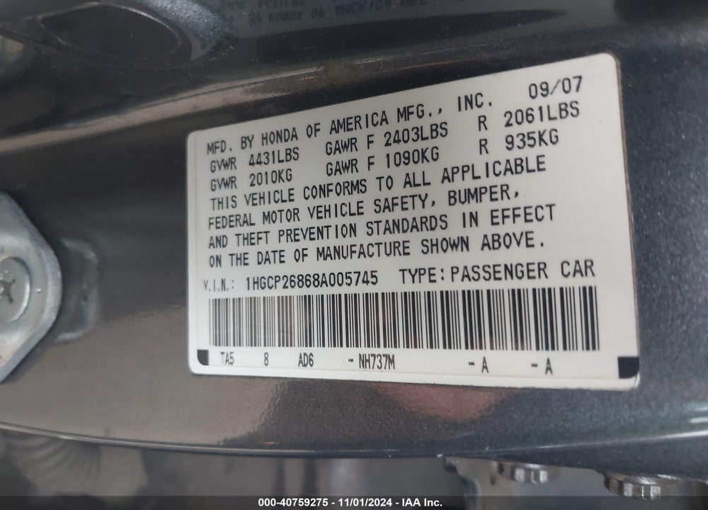 2008 HONDA ACCORD 2.4 EX-L VIN: 1HGCP26868A005745