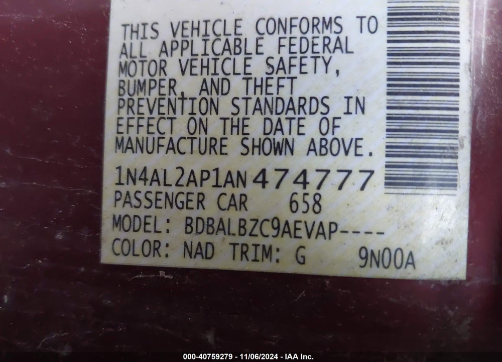 2010 NISSAN ALTIMA 2.5 S VIN: 1N4AL2AP1AN474777
