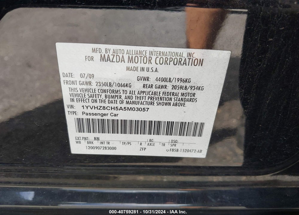 2010 MAZDA 6 I TOURING PLUS VIN: 1YVHZ8CH5A5M03057