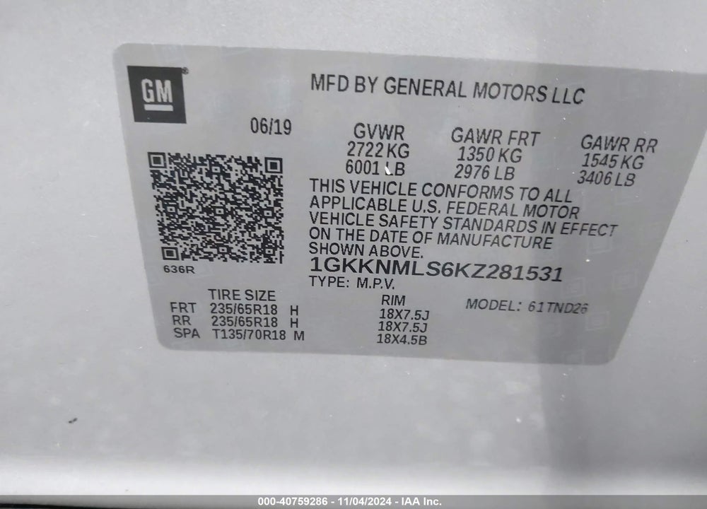 2019 GMC ACADIA SLT-1 VIN: 1GKKNMLS6KZ281531
