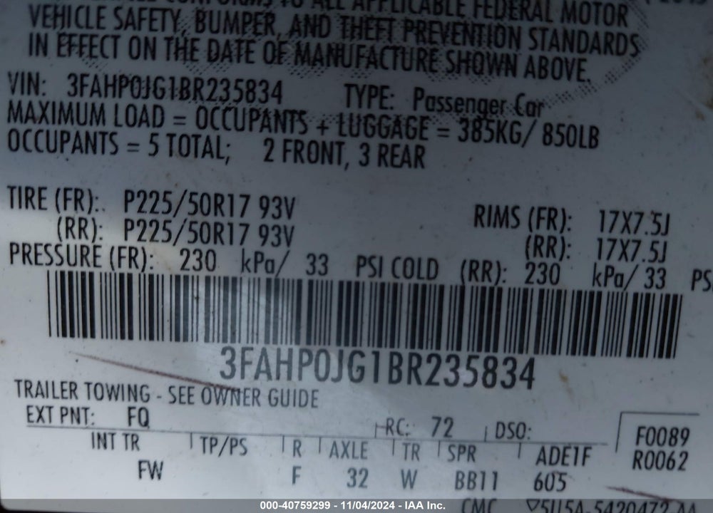 2011 FORD FUSION SEL VIN: 3FAHP0JG1BR235834