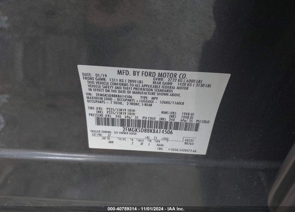 2019 FORD FLEX LIMITED VIN: 2FMGK5D88KBA14506
