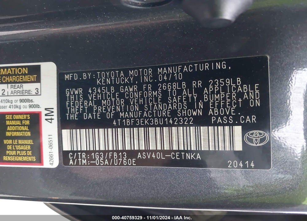2011 TOYOTA CAMRY LE VIN: 4T1BF3EK3BU142322