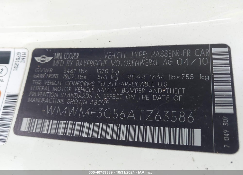 2010 MINI COOPER VIN: WMWMF3C56ATZ63586
