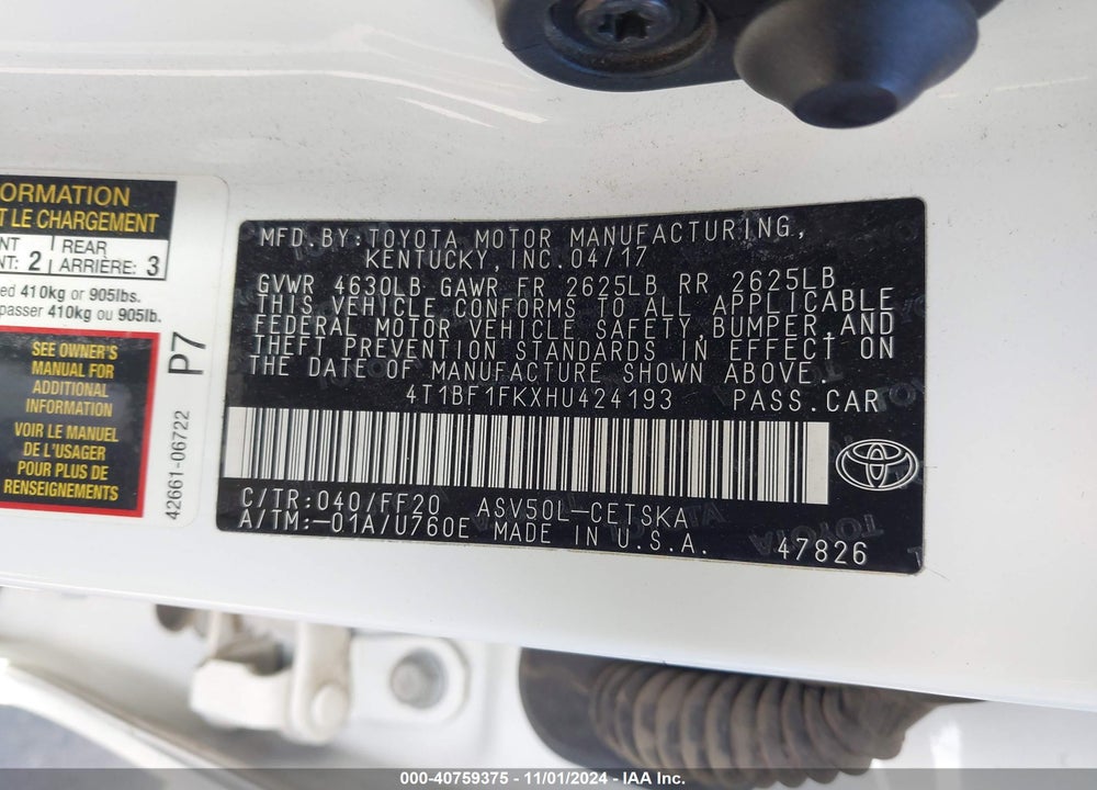 2017 TOYOTA CAMRY SE VIN: 4T1BF1FKXHU424193