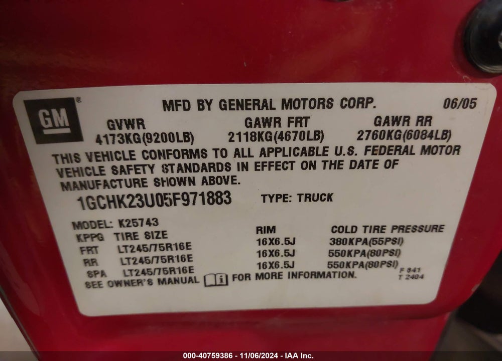 2005 CHEVROLET SILVERADO 2500HD LT VIN: 1GCHK23U05F971883