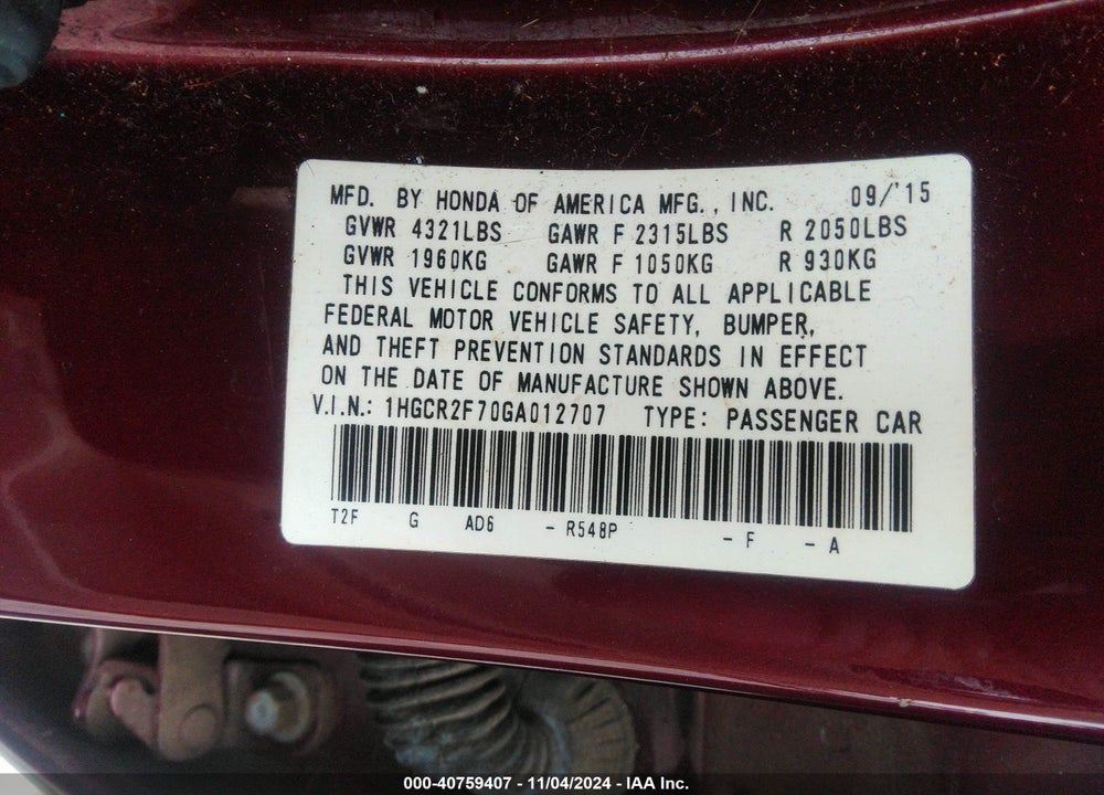 2016 HONDA ACCORD EX VIN: 1HGCR2F70GA012707