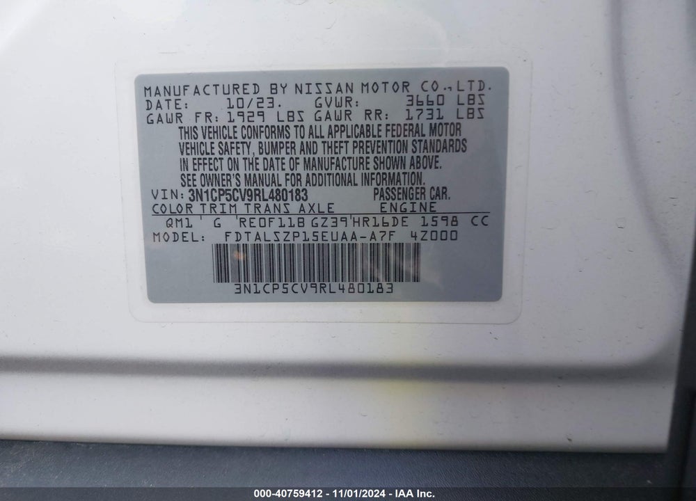 2024 NISSAN KICKS SV XTRONIC CVT VIN: 3N1CP5CV9RL480183