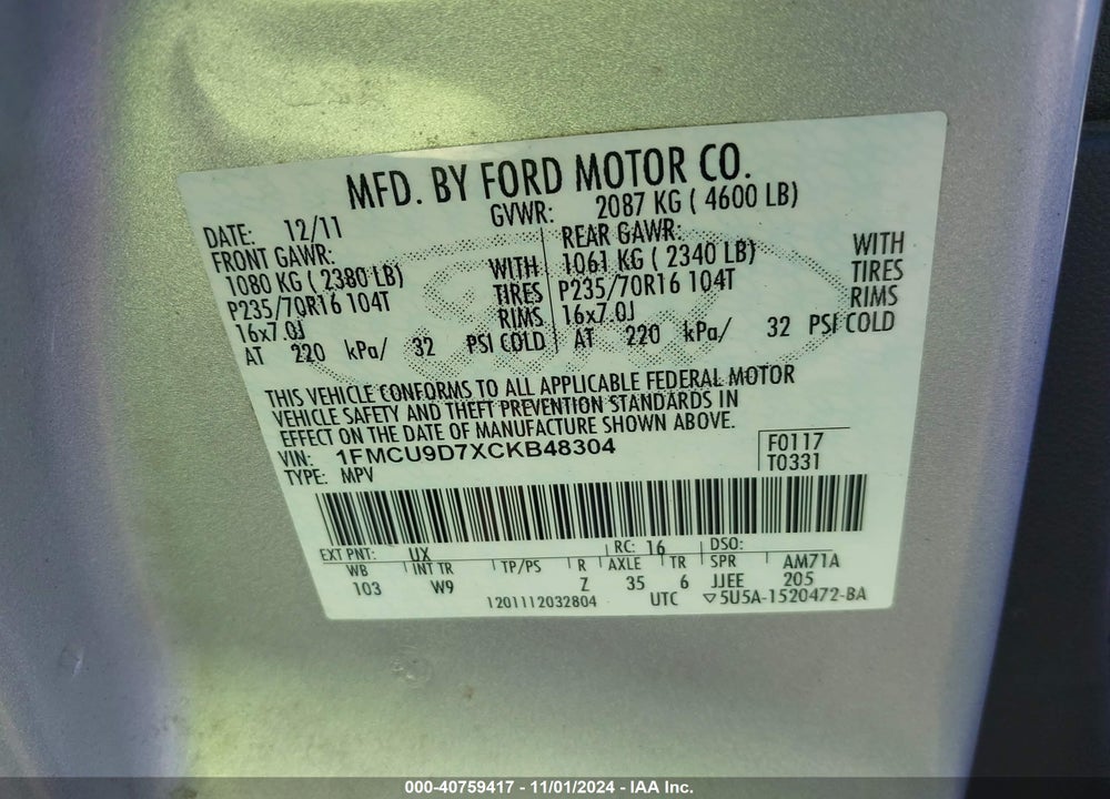 2012 FORD ESCAPE XLT VIN: 1FMCU9D7XCKB48304
