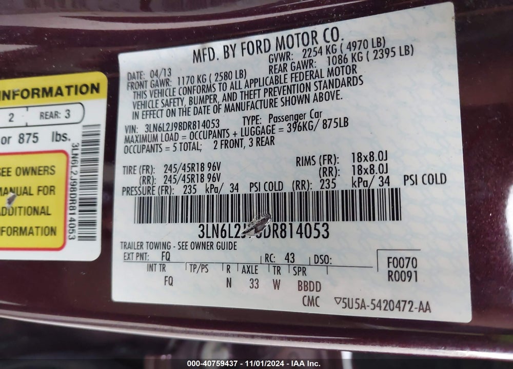2013 LINCOLN MKZ VIN: 3LN6L2J98DR814053