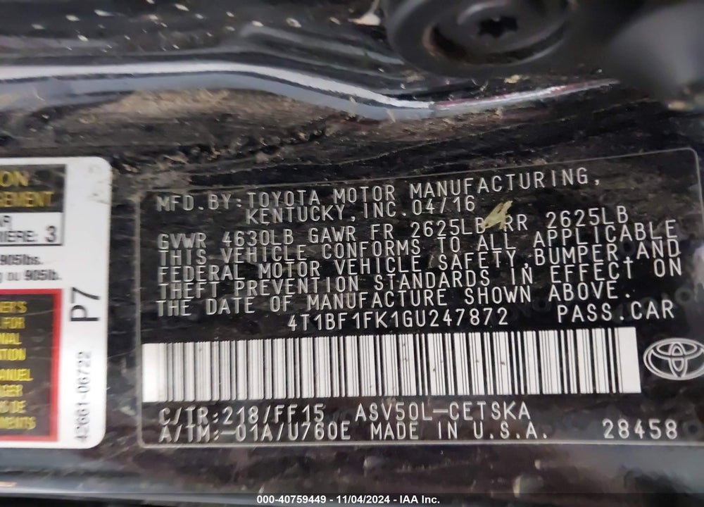2016 TOYOTA CAMRY SE VIN: 4T1BF1FK1GU247872