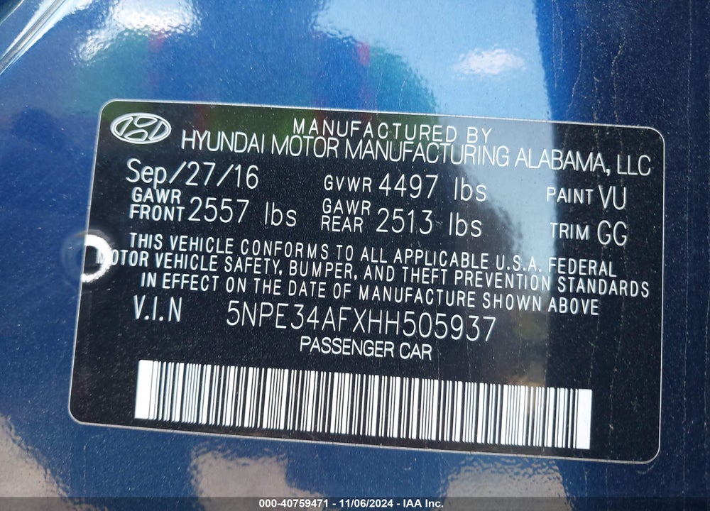 2017 HYUNDAI SONATA LIMITED VIN: 5NPE34AFXHH505937