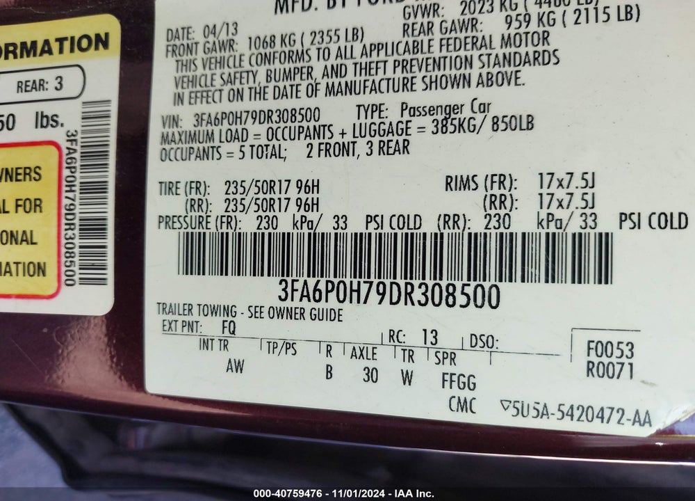 2013 FORD FUSION SE VIN: 3FA6P0H79DR308500