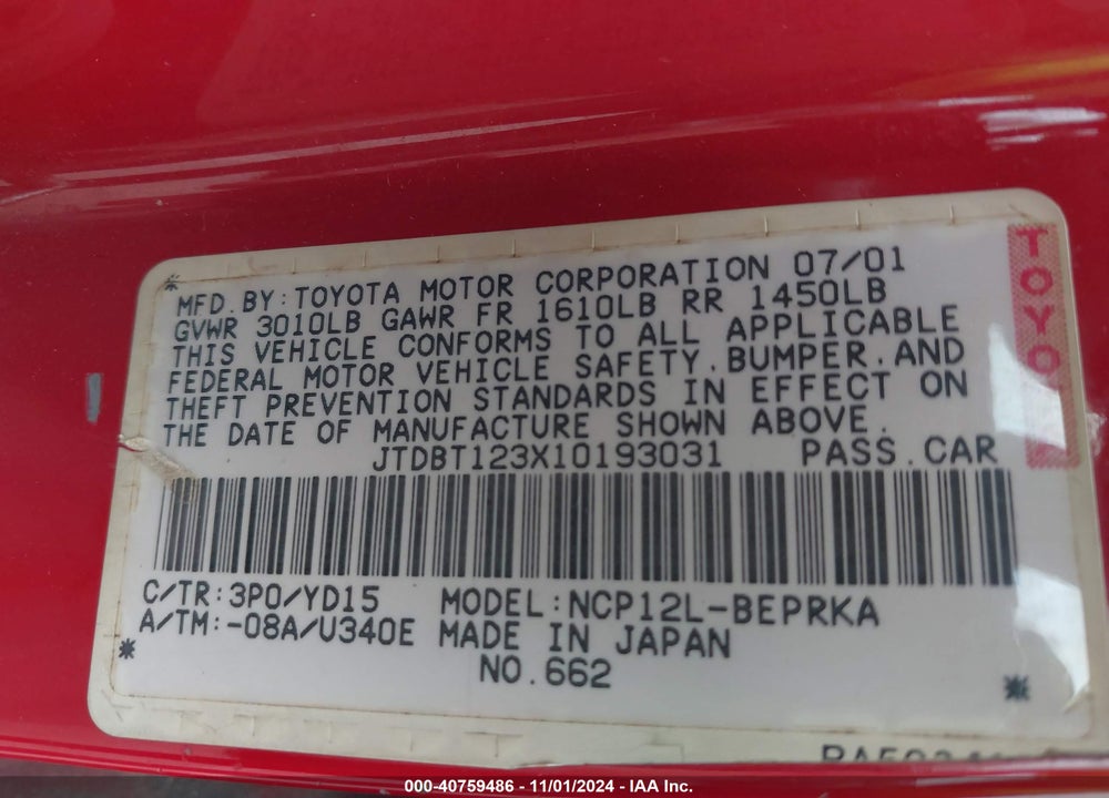 2001 TOYOTA ECHO VIN: JTDBT123X10193031