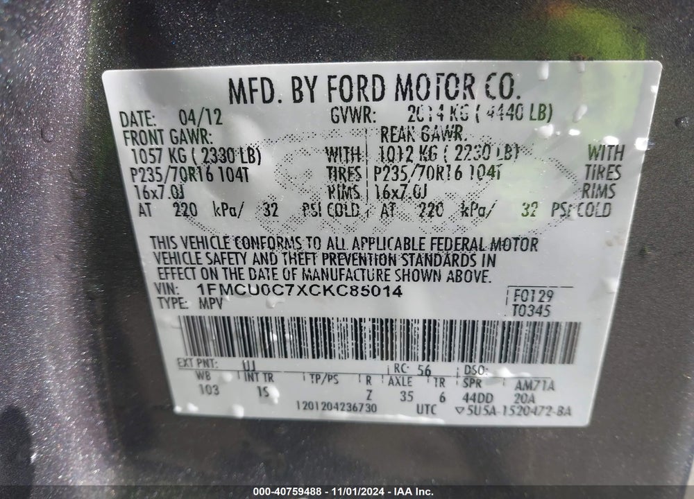 2012 FORD ESCAPE XLS VIN: 1FMCU0C7XCKC85014