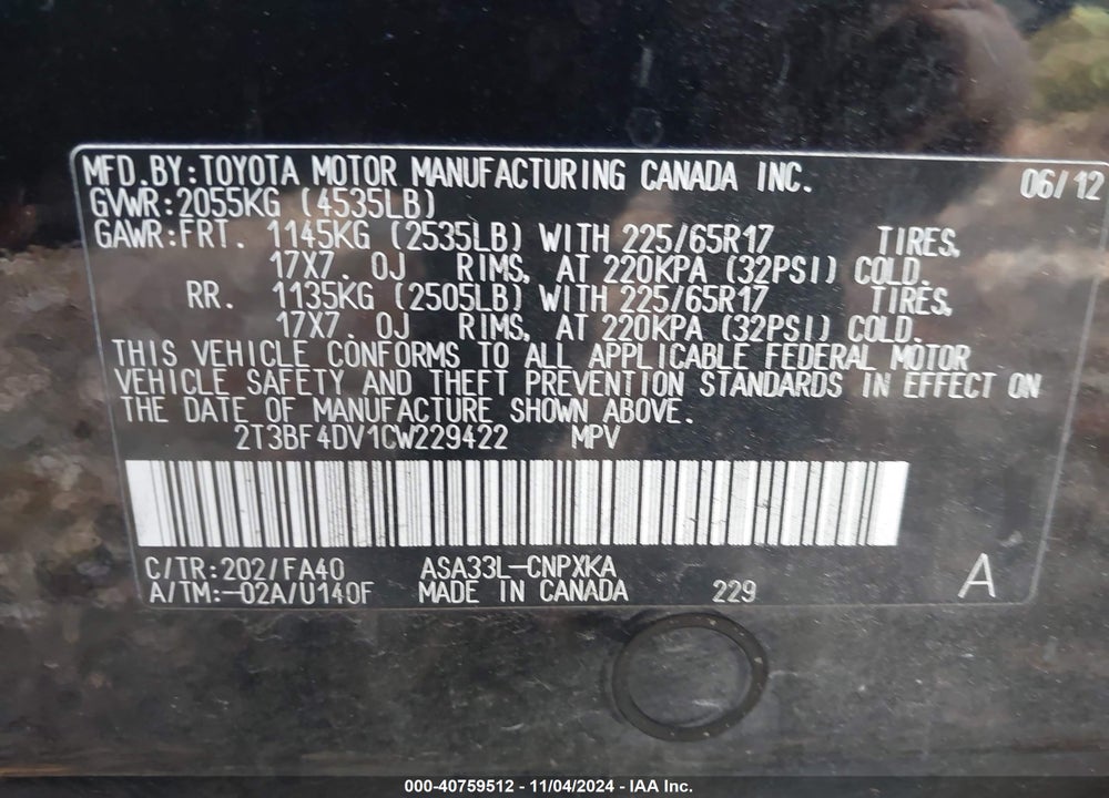 2012 TOYOTA RAV4 VIN: 2T3BF4DV1CW229422