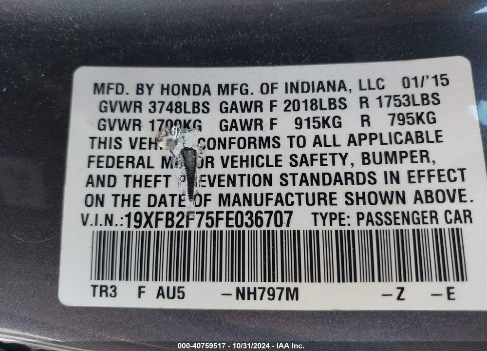 2015 HONDA CIVIC VIN: 19XFB2F75FE036707