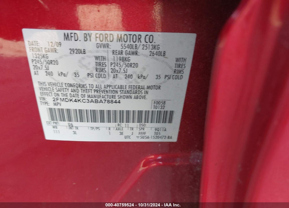 2010 FORD EDGE LIMITED VIN: 2FMDK4KC3ABA78844