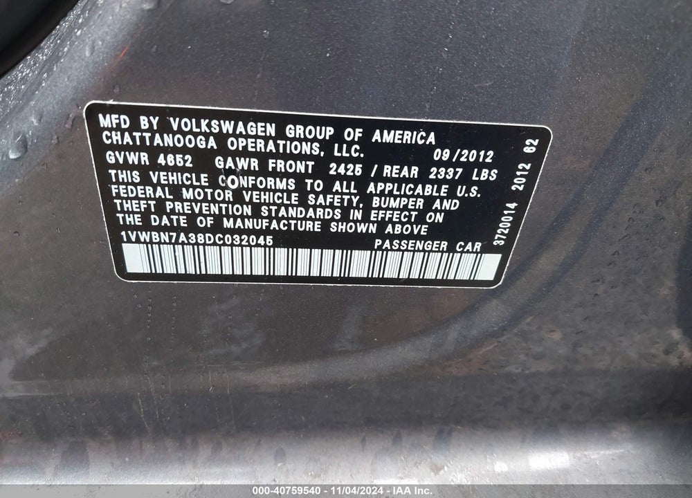 2013 VOLKSWAGEN PASSAT 2.0L TDI SE VIN: 1VWBN7A38DC032045