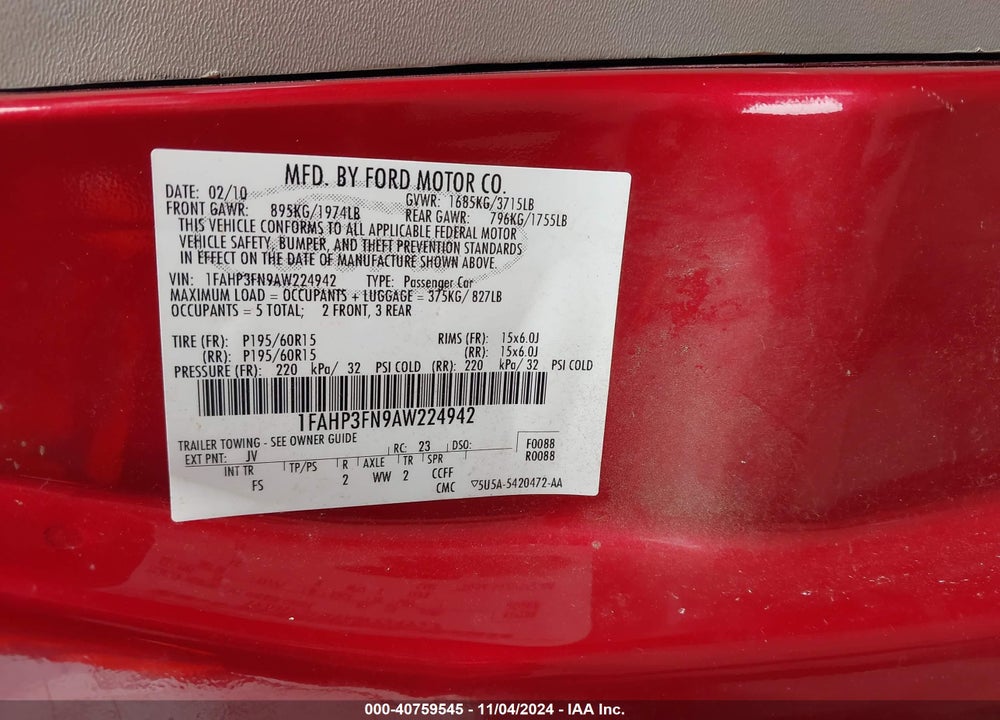 2010 FORD FOCUS SE VIN: 1FAHP3FN9AW224942