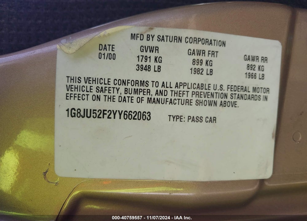 2000 SATURN LS1 VIN: 1G8JU52F2YY662063