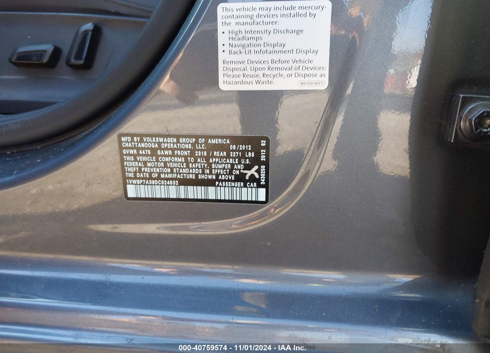 2013 VOLKSWAGEN PASSAT VIN: 1VWBP7A39DC024532