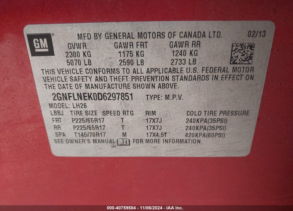 2013 CHEVROLET EQUINOX 2LT VIN: 2GNFLNEK0D6297851