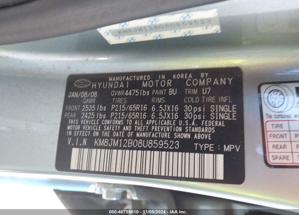 2008 HYUNDAI TUCSON GLS VIN: KM8JM12B08U859523